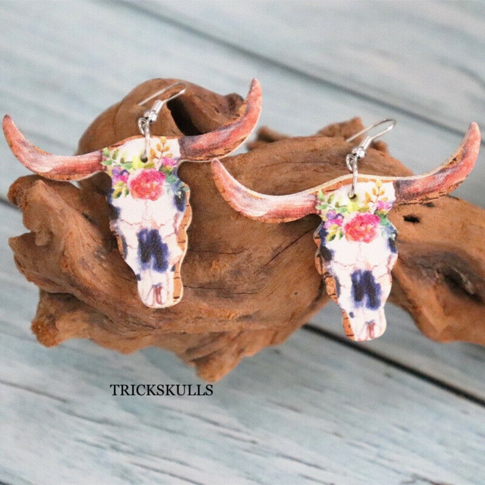 Vegan Leather Floral Longhorn Cow Bull Head Skull Hook 3D Printed Earrings NEW!